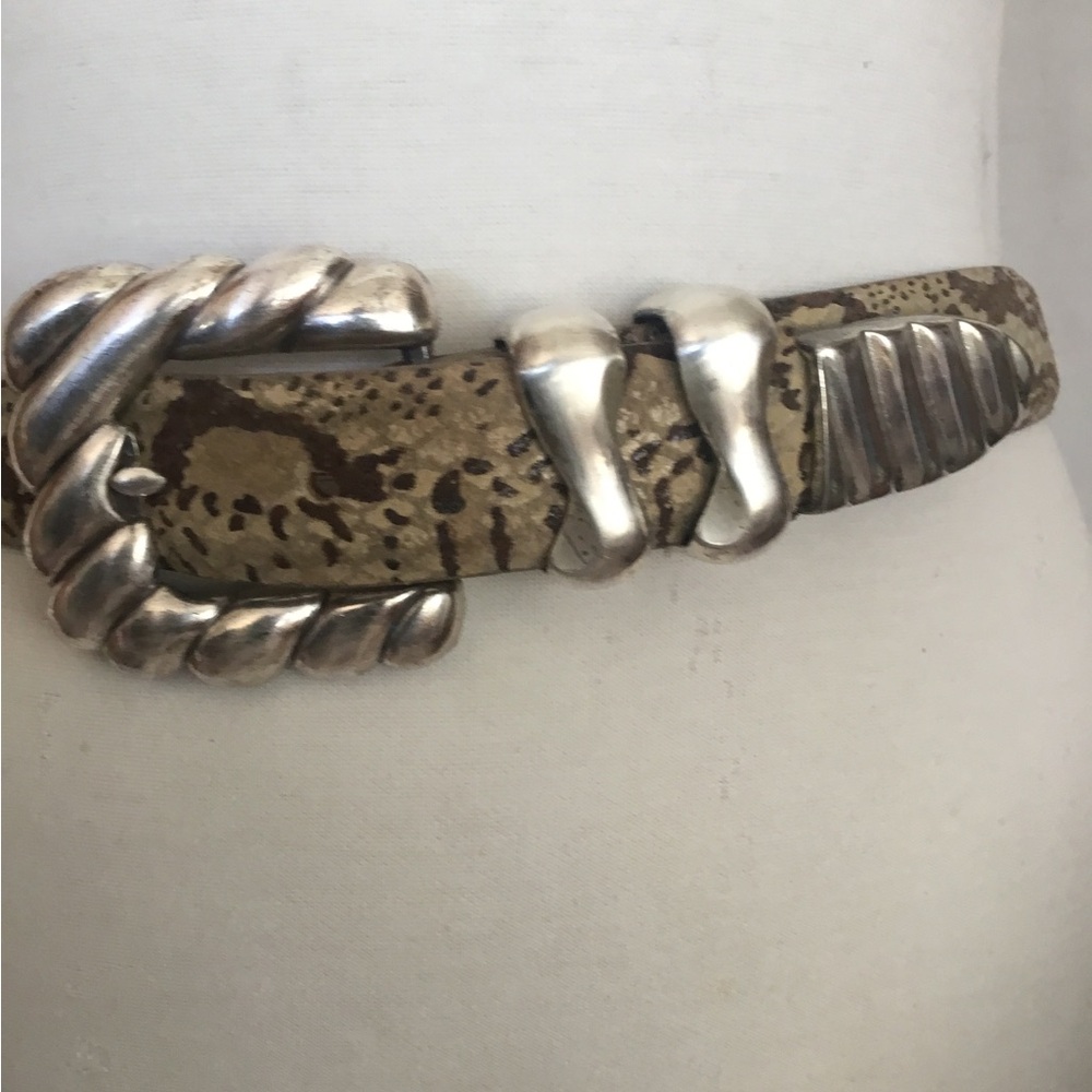 Streets Ahead Taupe Snake-Print Belt with Twisted Silver Buckle